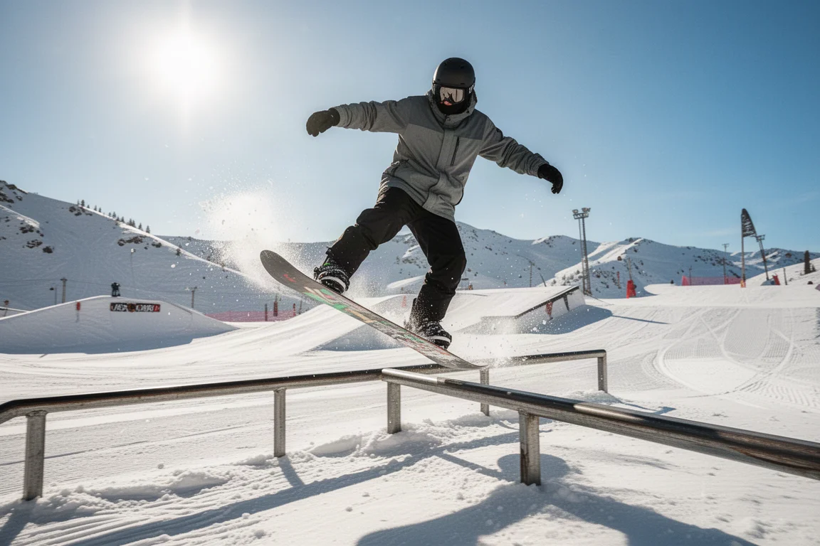 Snowboarder presst an einem Rail im Terrainpark an einem sonnigen Tag