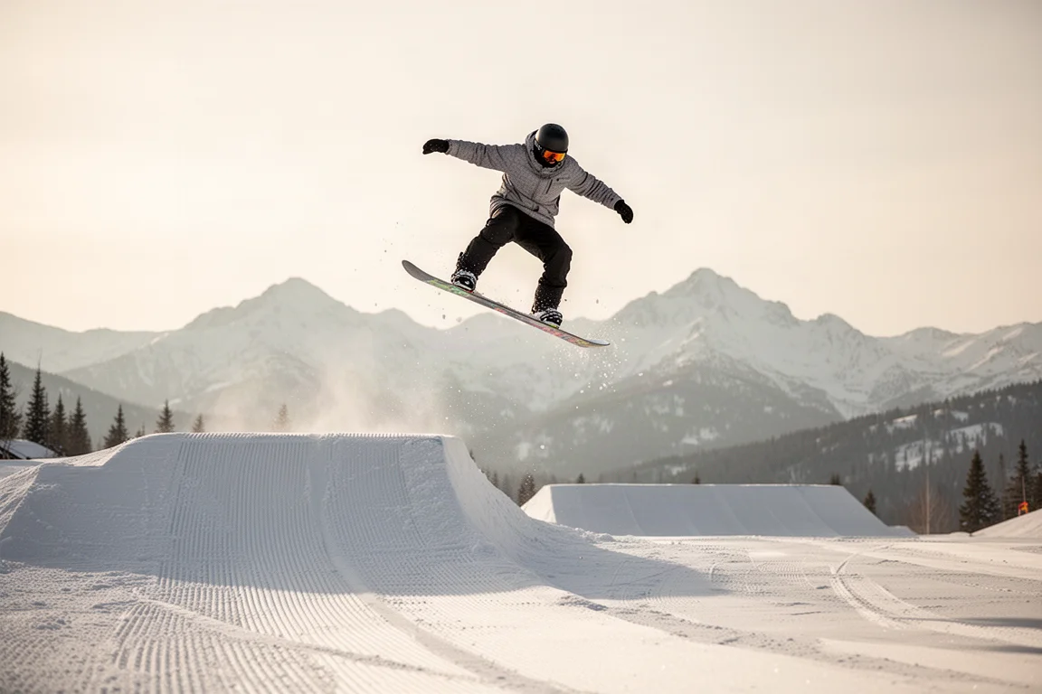 Snowboarder hebt von einem kleinen Park-Kicker ab, mitten in der Luft
