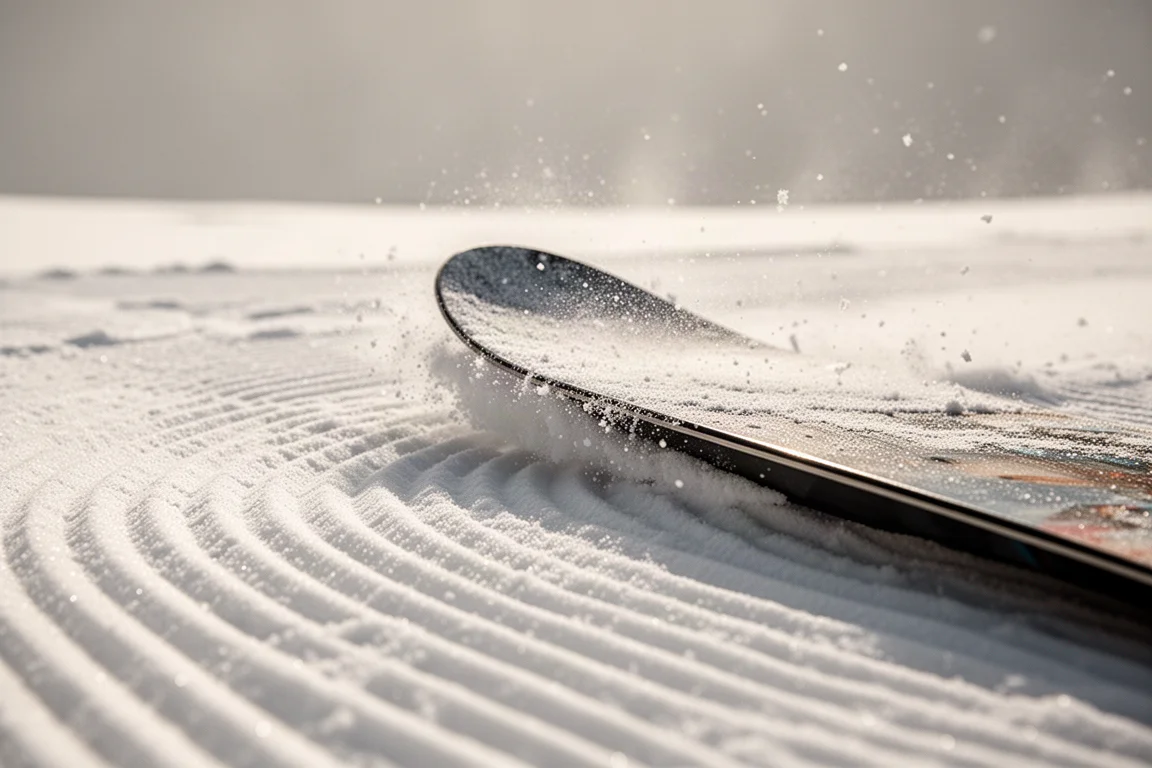 Nahaufnahme einer Snowboard-Kante, die sich in frisch gespurten Schnee gräbt