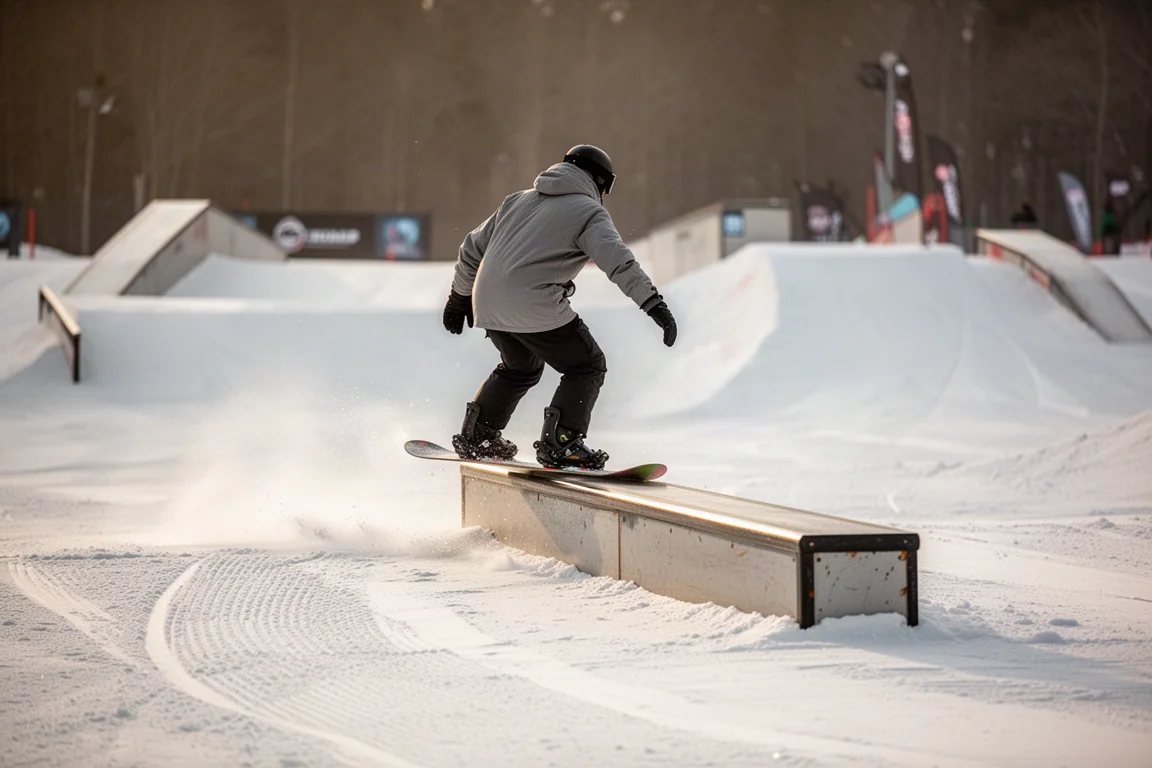 Snowboarder fährt mit gebeugten Knien von einem Park-Feature weg