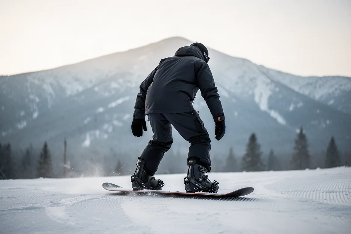Snowboarder che si flette in avanti con stivali rigidi su una pista innevata