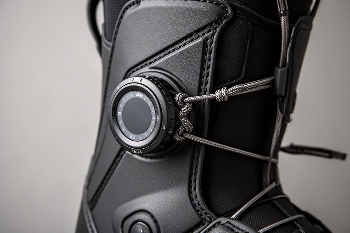 Primo piano di un quadrante boa e del sistema di tensione del cavo su uno snowboard boot