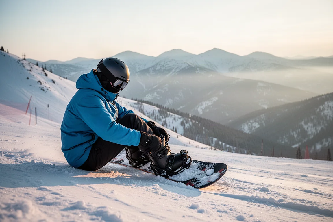 Snowboarder ajustándose las fijaciones en una pista nevada con luz suave de la mañana