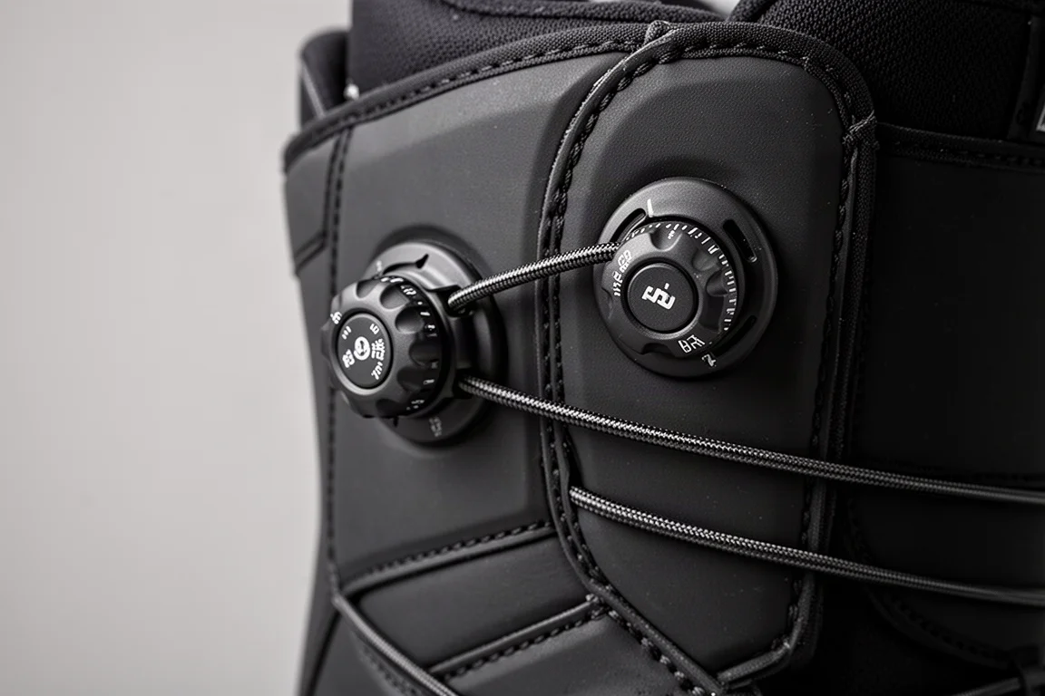 Primer plano de la ruleta Boa y el sistema de cordones de una bota de snowboard