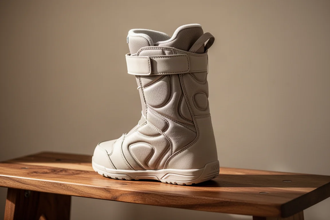 Forro de bota de snowboard con espuma termomoldeada sobre un banco de madera