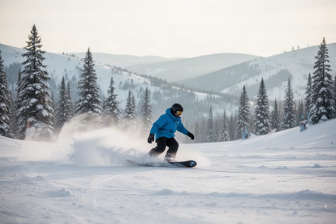 Snowboarder trazando curvas en nieve polvo suave en una pista abierta de montaña