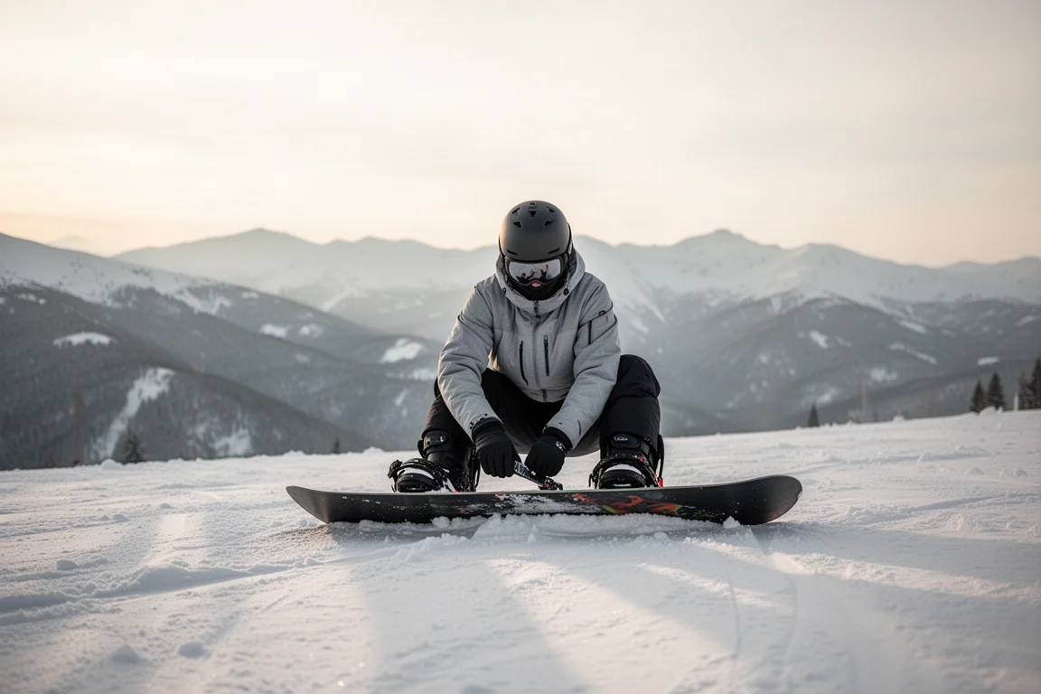 Snowboardåkare som spänner fast boots på en snötäckt bergssluttning i mjukt morgonljus