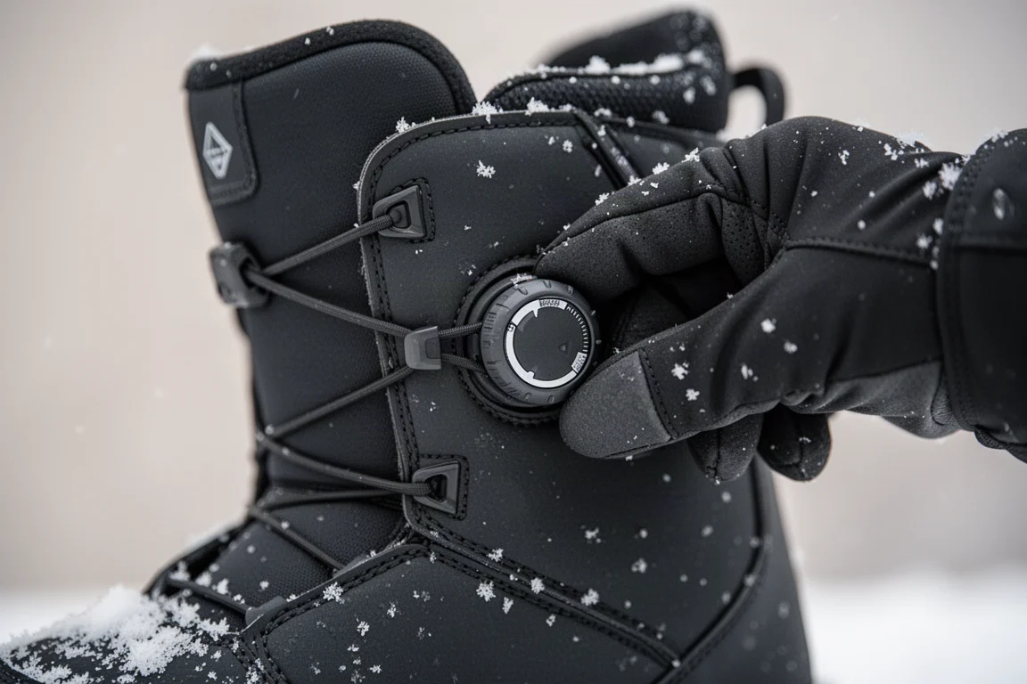 Närbild på ett BOA-liknande snörningsspände på en snowboardboot hållen i en vantar-dolk hand