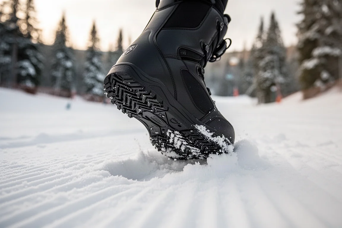 Snowboardboots yttersula som greppar packad snö på en pistera i skidorten