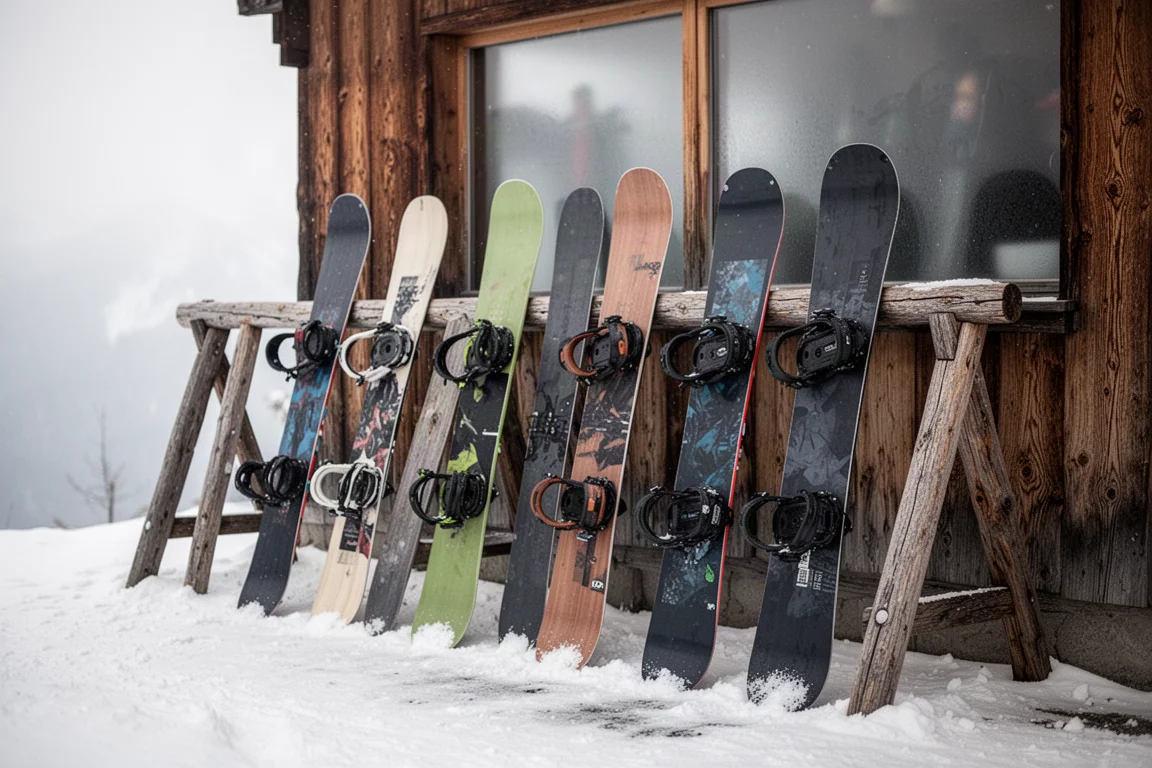 一排单板滑雪板斜靠在雪场租赁店外的木架上
