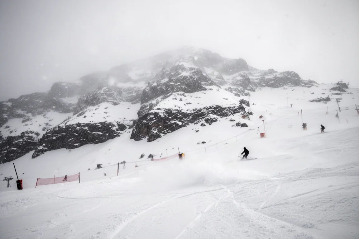 Storm day at a snow-covered mountain resort with heavy snowfall and low visibility