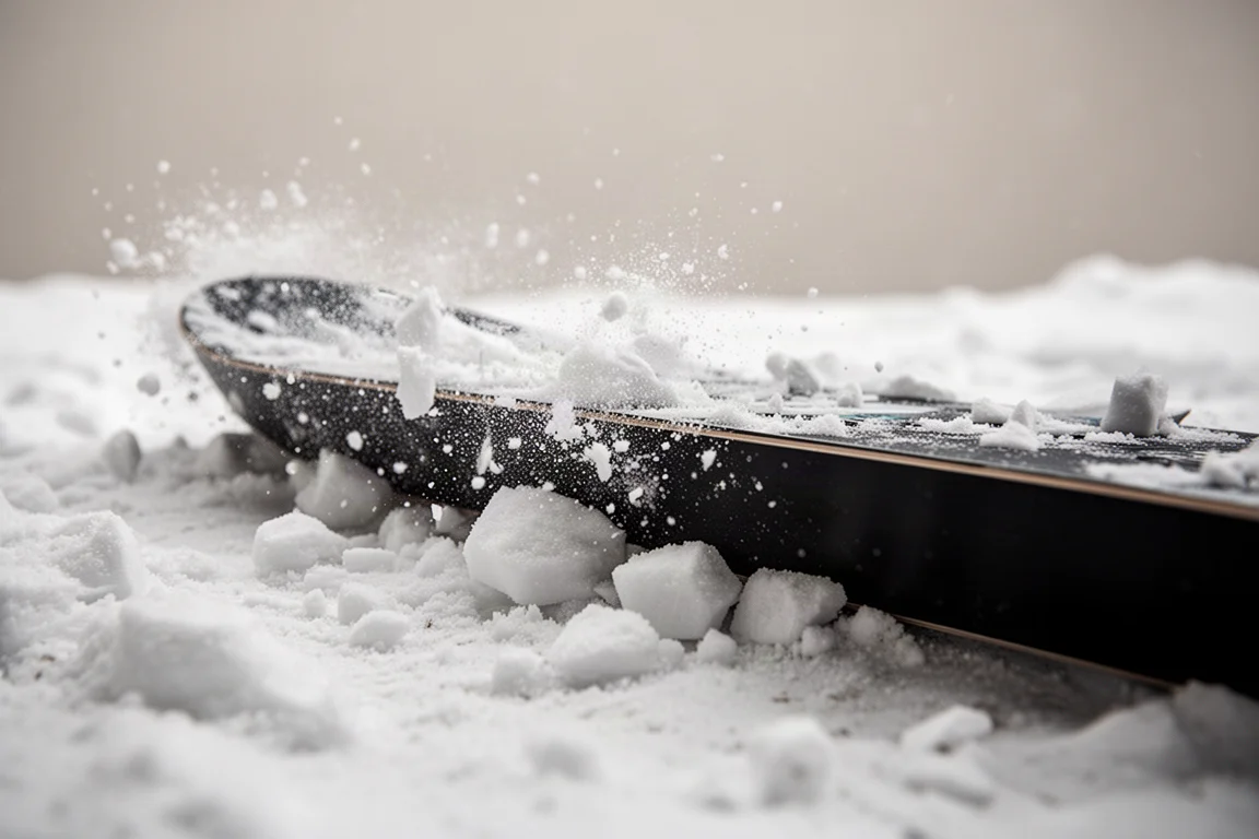 Low-angle view of a snowboard base cutting through chopped snow and powder