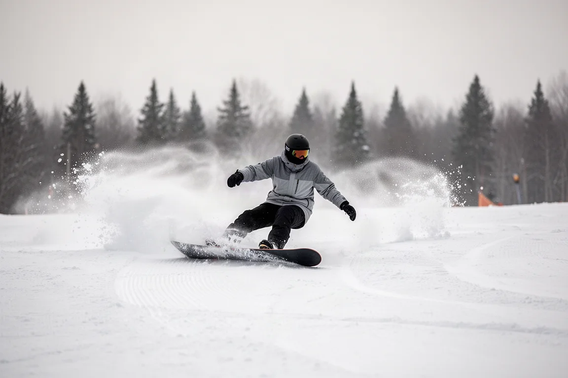 Snowboarder carving a long turn on a groomed slope with snow spray behind the board