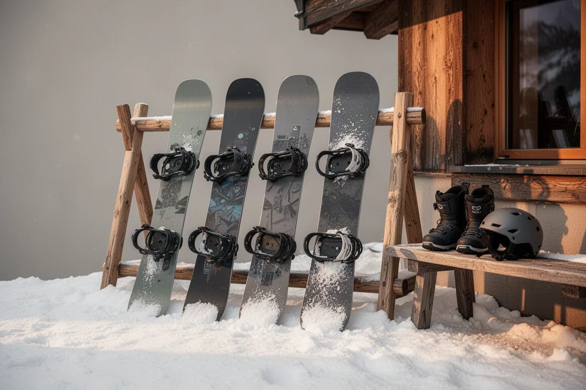 Snowboards leaning against a wooden rack outside a mountain lodge in winter