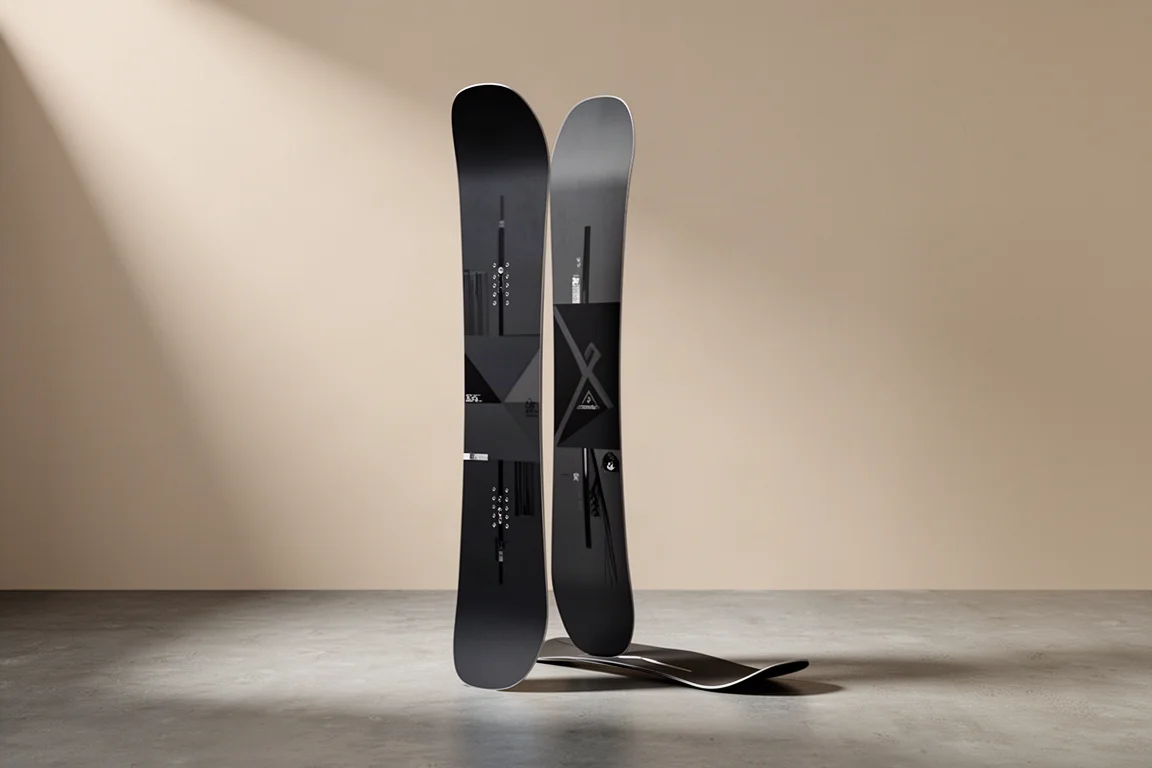 Ride Manic snowboard standing upright on a matte concrete studio surface