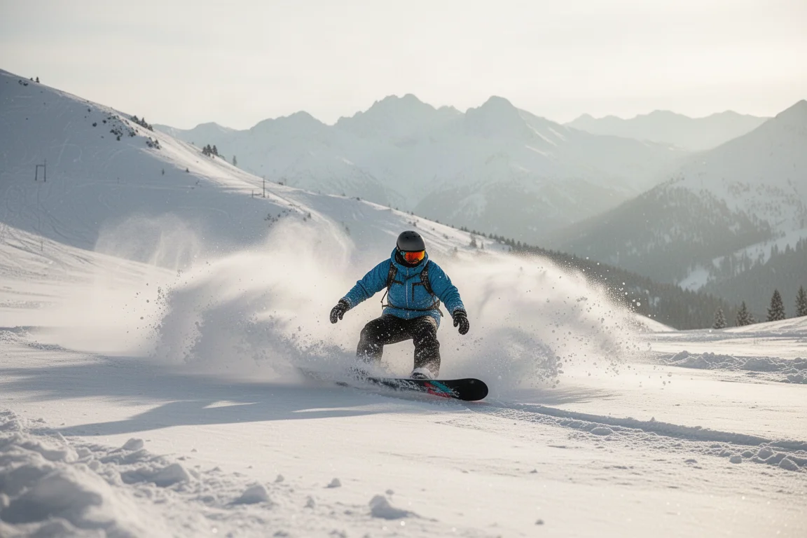 Snowboarder carvt door diepe verse poedersneeuw op een berghelling
