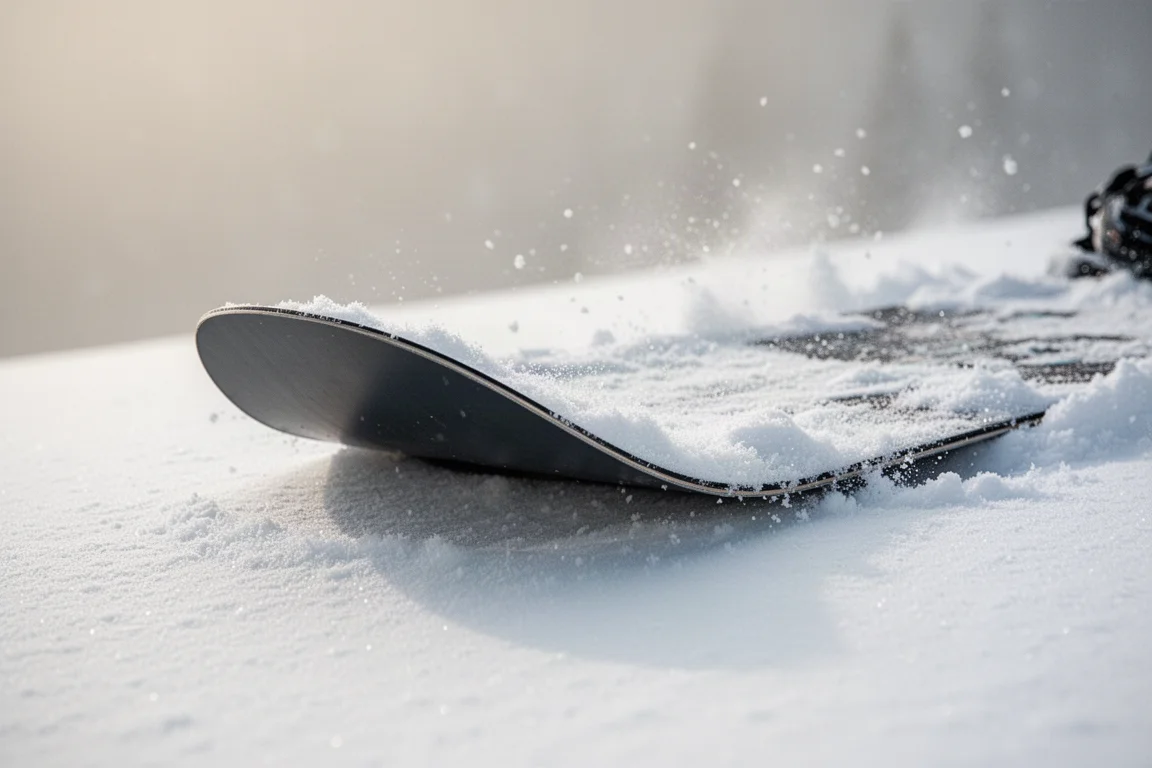 Geschepte neus van een snowboard zwevend boven het oppervlak van verse poedersneeuw