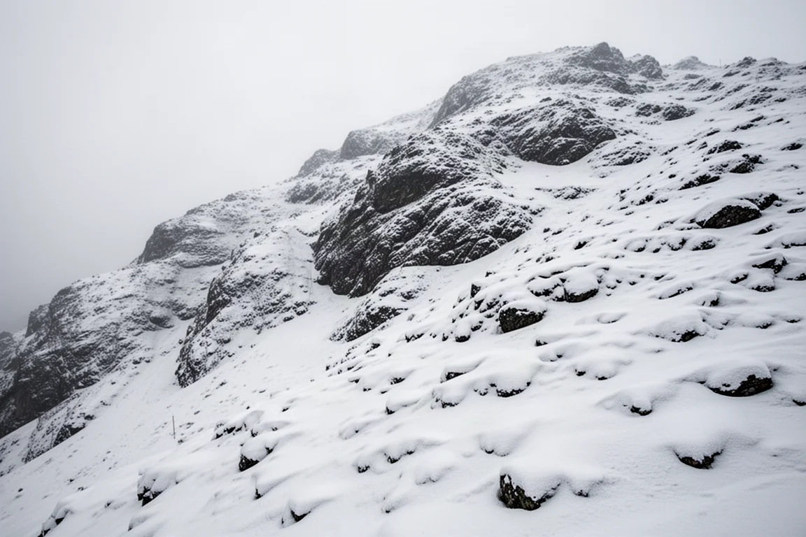 Bultenrijk mogulveld deels bedekt met sneeuw op een steile berchwand