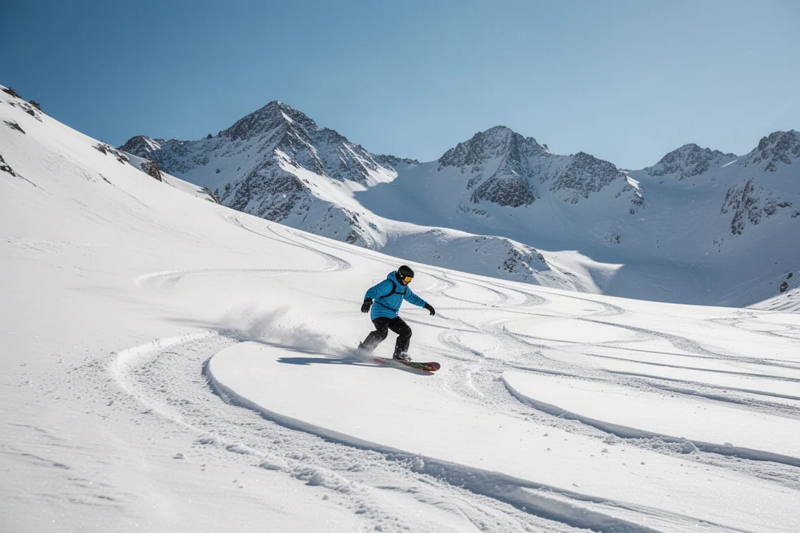 Snowboarder rijdt snel door een brede hoogalpiene kom bij straalblauw weer