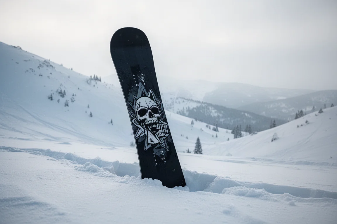 Snowboard standing upright in fresh deep powder snow on a mountain slope
