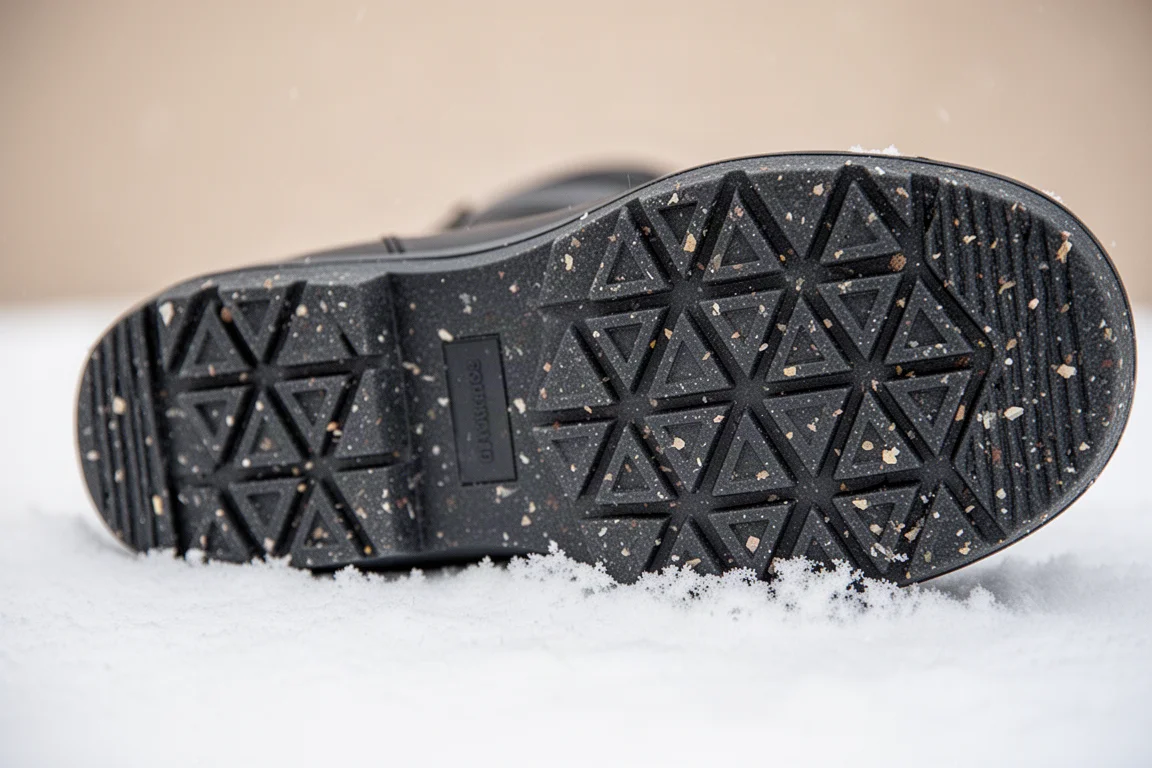 Dettaglio del battistrada triangolare in gomma con puntini riciclati su uno snowboard boot