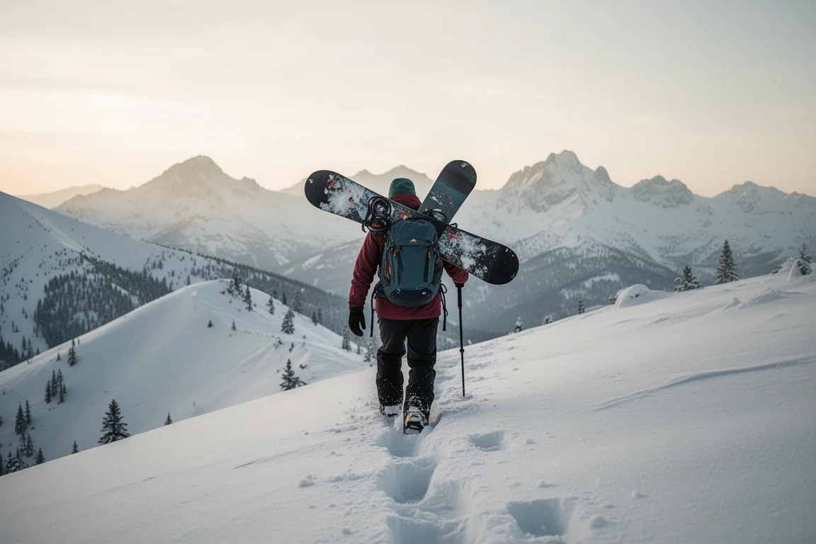 Snowboarder che sale a piedi su un crinale fuori pista portando lo snowboard sugli stivali
