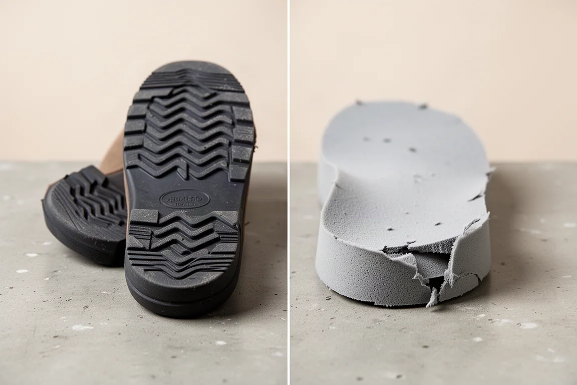 Suola di uno boot consumata a confronto tra gomma resistente e schiuma scheggiata