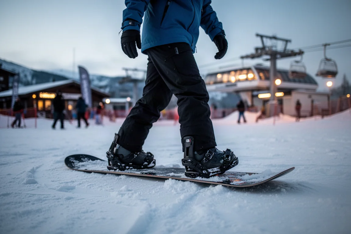 Snowboarder che attraversa terreno ghiacciato al tramonto vicino a un impianto chiuso