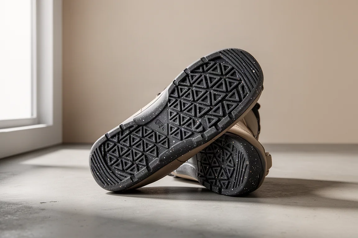 Boot de snowboard haut de gamme montrant une semelle en caoutchouc foncé avec une sculpture triangulaire