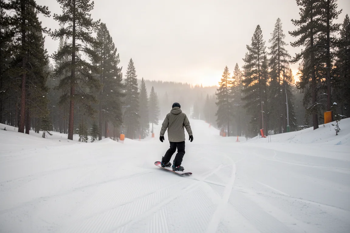 Snowboarder fährt auf einer präparierten Piste, gesäumt von Kiefern, im sanften Morgenlicht
