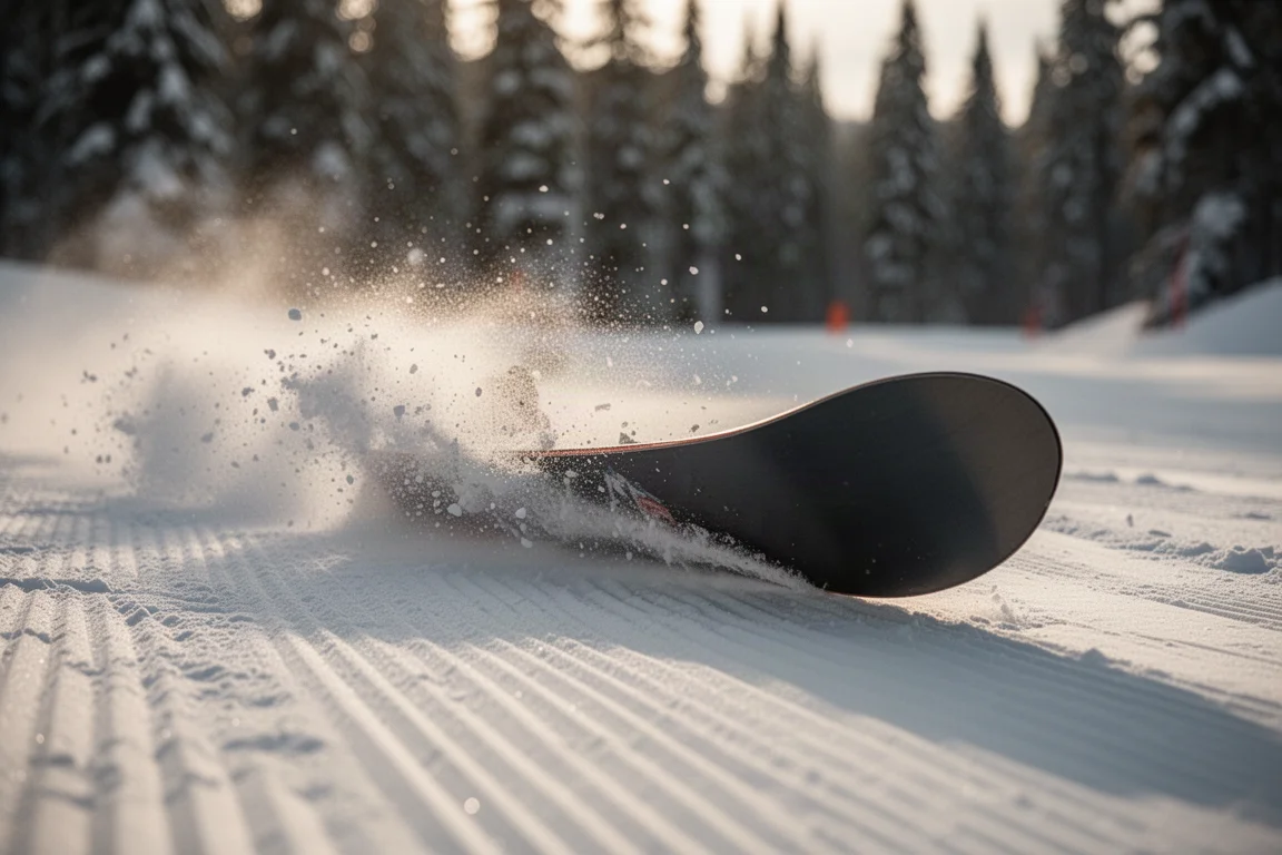 Snowboard-Tail drückt sich in eine geschnittene Kurve mit Schneestraßen auf einer präparierten Abfahrt