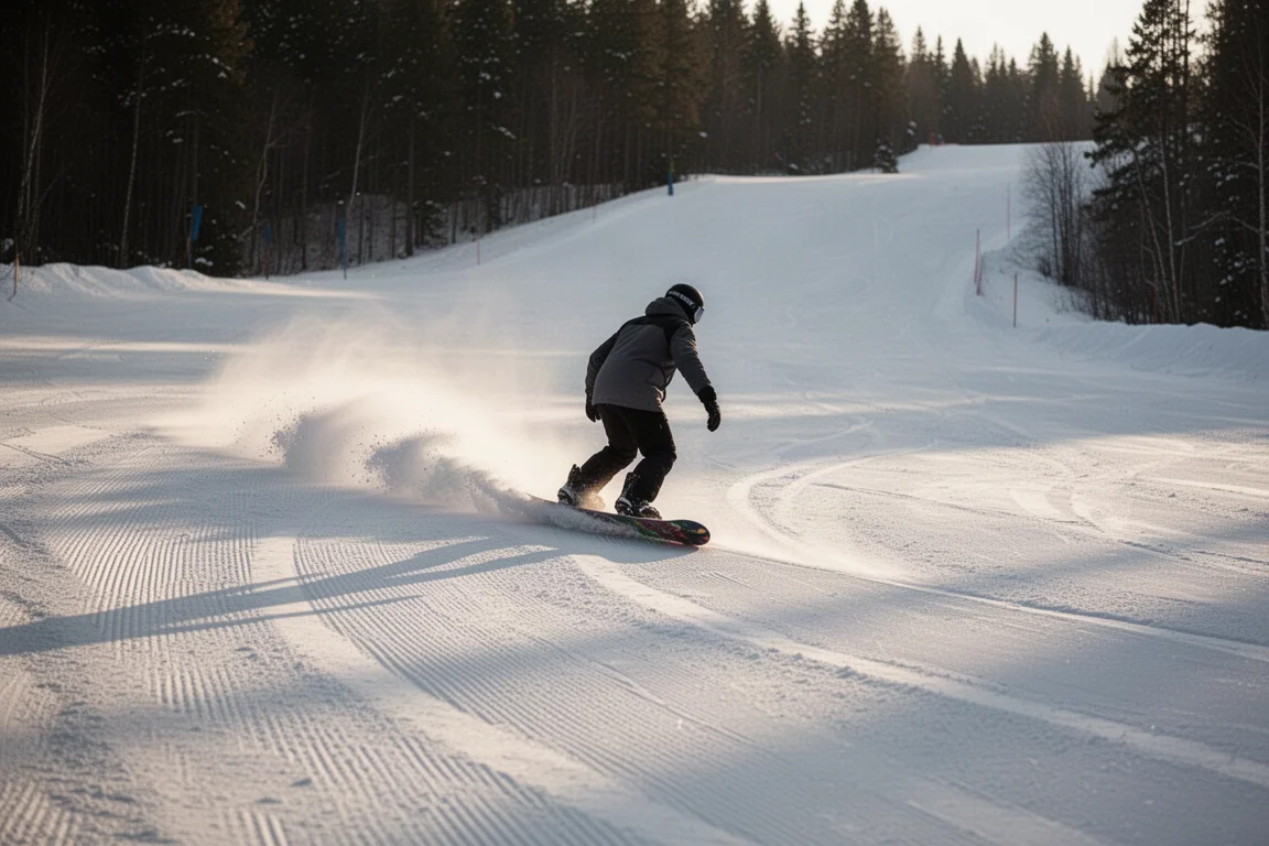 Snowboarder zieht einen langen Bogen über eine präparierte Piste am späten Nachmittag