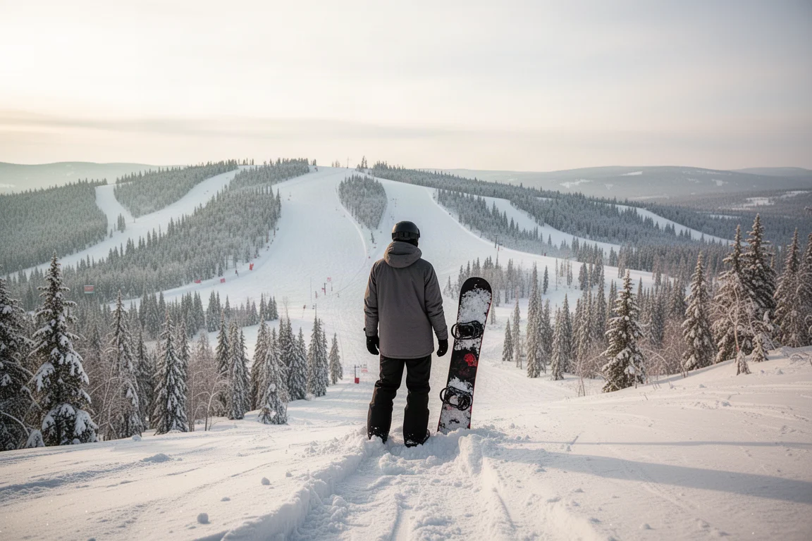 Snowboarder steht auf einem Grat oberhalb von präparierten Pisten und gelichteten Waldhängen