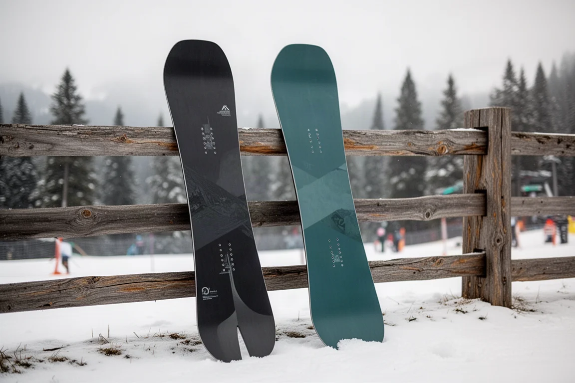Zwei All-Mountain-Snowboards lehnen im Schnee an einem hölzernen Zaun