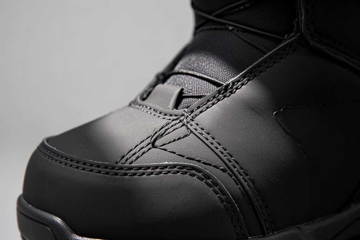 Close-up of a multi-seam stitched snowboard boot shell showing double stitch lines