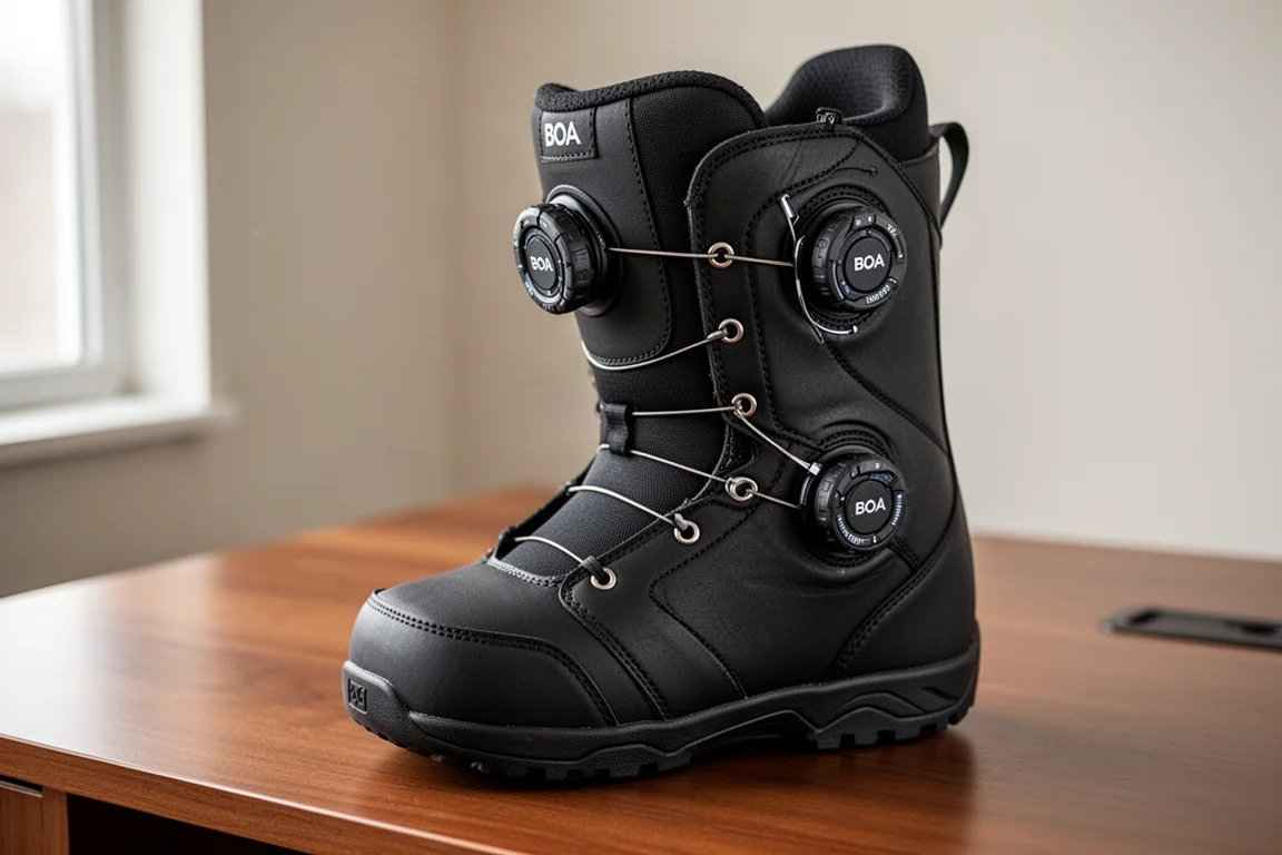 Dual BOA dial system on a snowboard boot with nylon cables