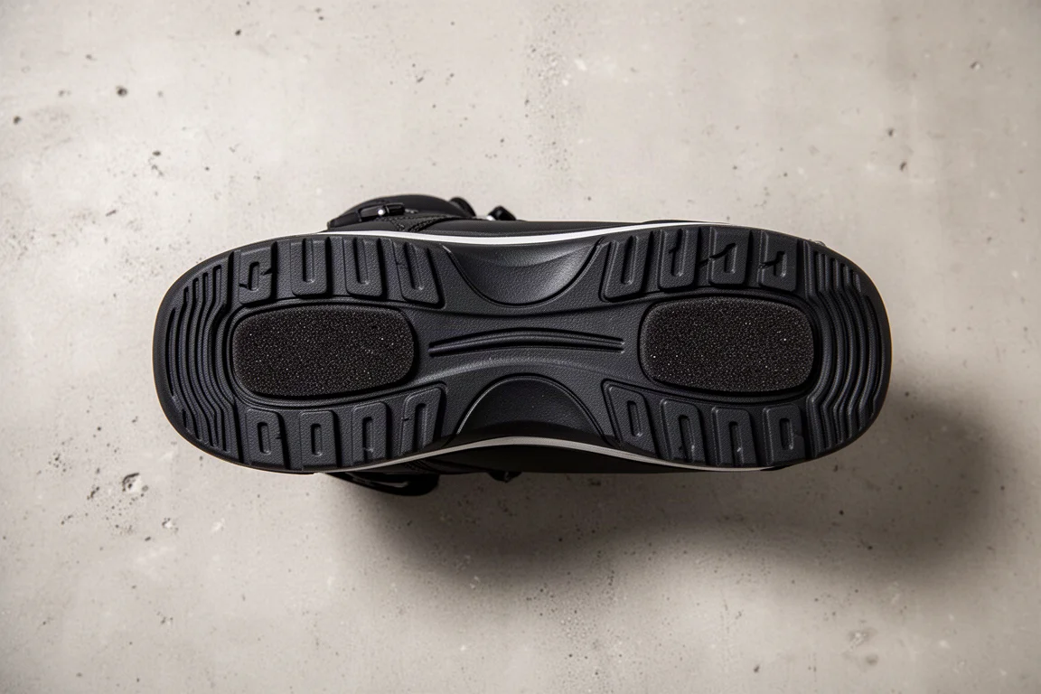 Sole of a snowboard boot showing rubber and foam tread with dampening layers