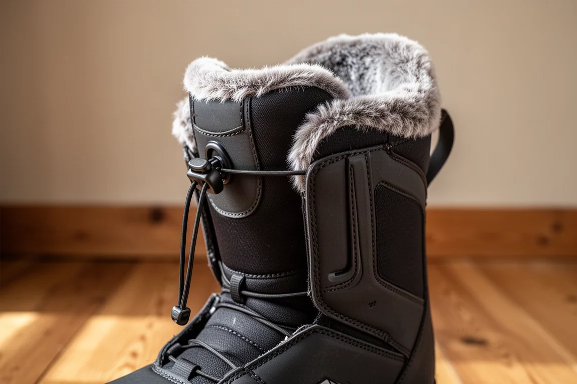 Rider fastening the drawstring top of a snowboard boot liner in a lodge