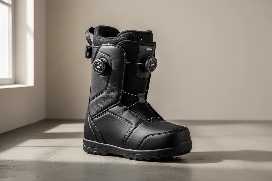 Ride Octave black snowboard boot with dual BOA dials on concrete surface