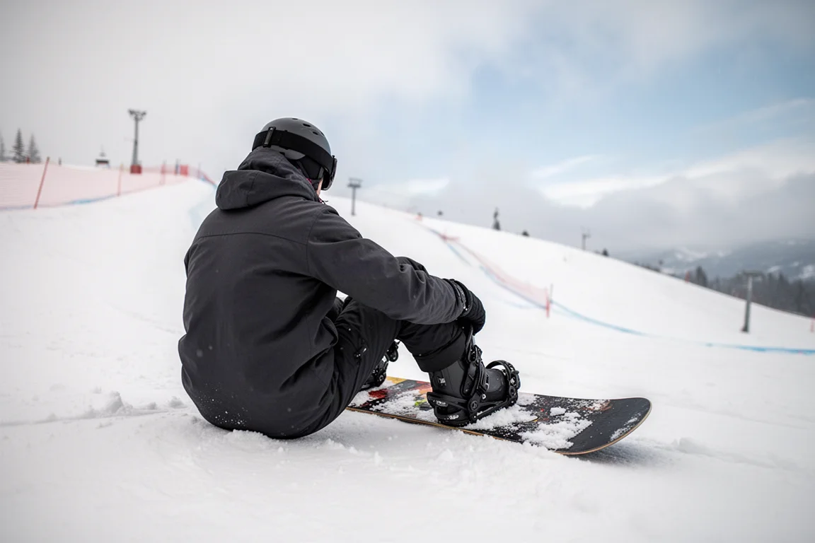 Snowboarder steigt bei weichem Tageslicht in eine Bindung auf einer verschneiten Piste