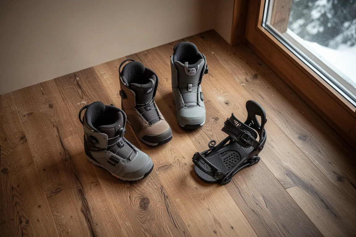 Snowboard-Boots und Bindungen ausgelegt auf dem Holzboden einer Lodge