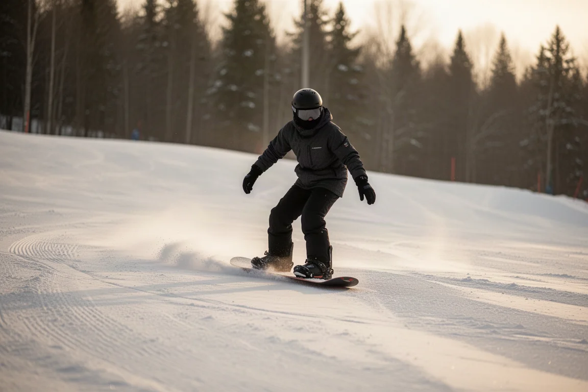Snowboard-Anfänger übt auf einer sanften, präparierten Piste