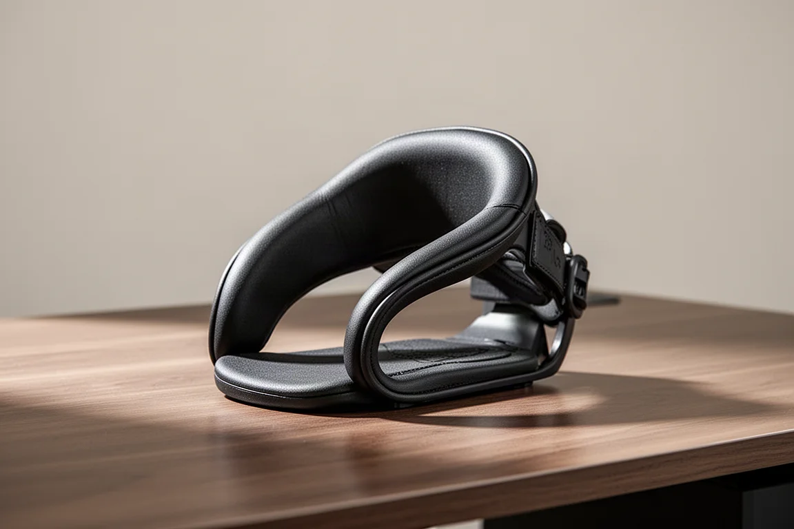 Ride One-Piece Heel Strap, ein weicher schwarzer gepolsterter Snowboard-Bindungsriemen auf einer Holzoberfläche