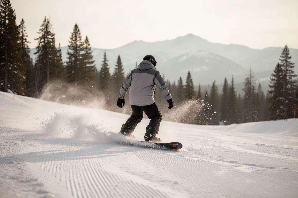 Snowboarder spraying deep powder while riding a tapered directional board through trees