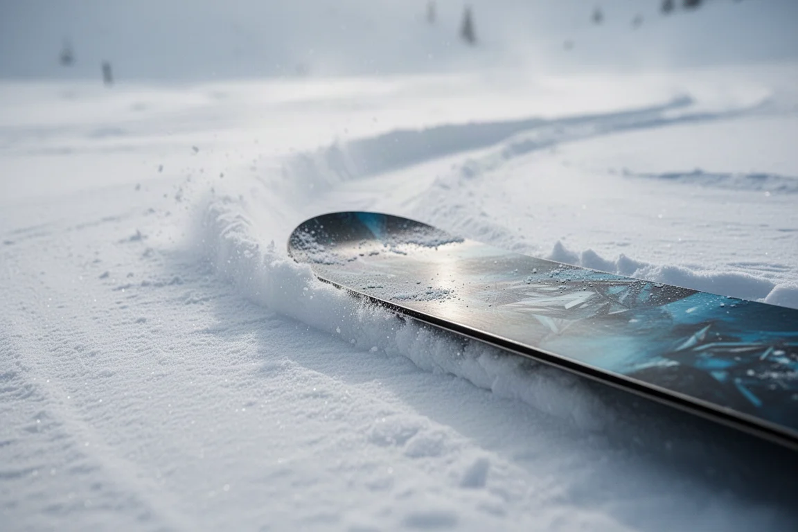 Snowboard resting on a snowy ridge with mountain peaks in the distance