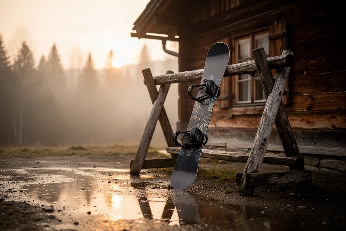 Snowboarder on a groomed slope at sunrise with corduroy snow texture