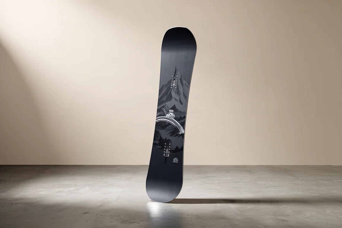 Snowboard direzionale con naso lungo e coda corta in piedi su una superficie di cemento