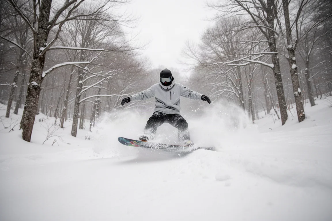 Snowboarder flotando sobre nieve polvo profunda en una pista rodeada de árboles
