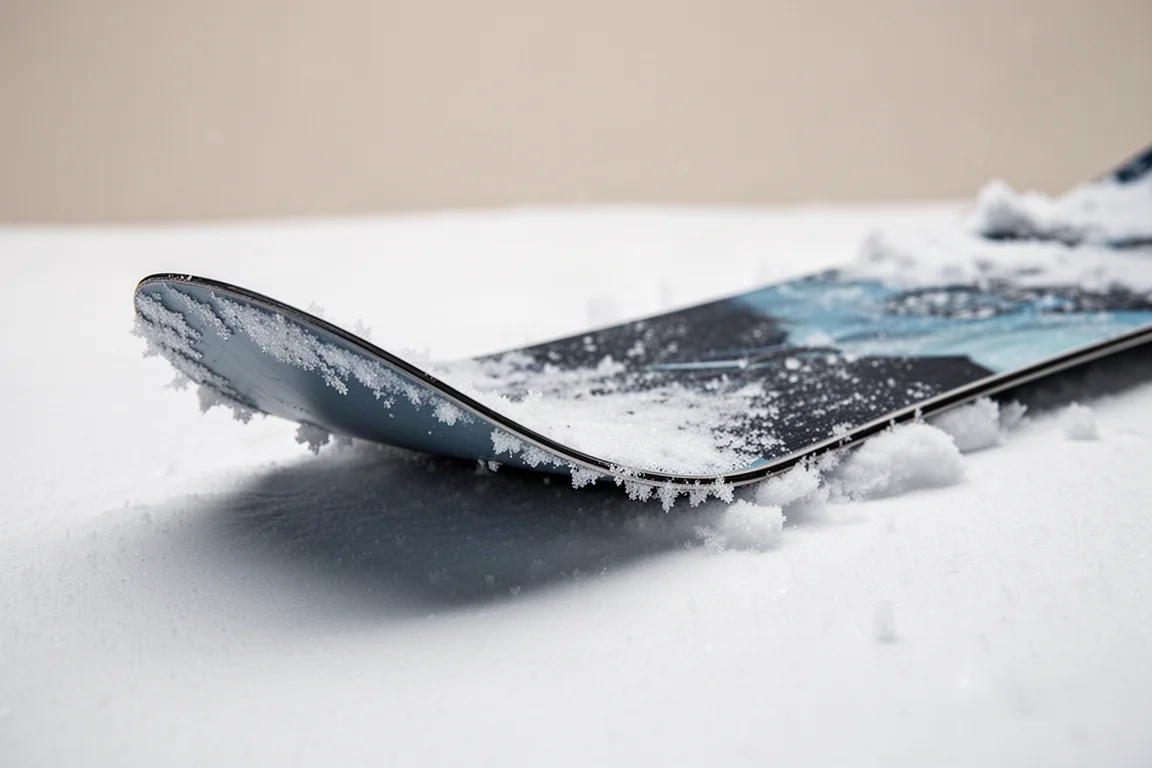 Primer plano del nose de una tabla de snowboard con el canto afilado apoyado en nieve fresca