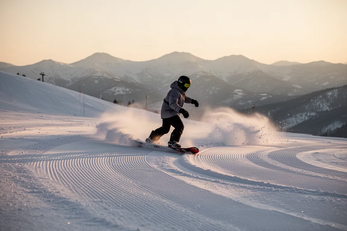 Rider trazando un carve a velocidad en una pista preparada con nieve salpicando al atardecer